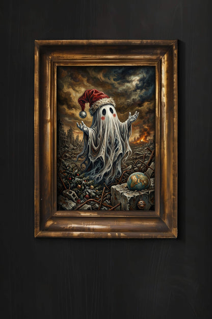Hochwertiger Kunstdruck: Ein kleiner Geist mit roter Mütze inmitten einer brennenden Trümmerlandschaft. Das Motiv zeigt den Kontrast zwischen menschlicher Tradition (Weihnachtsbaum) und globaler Zerstörung (zerbrochener Globus).