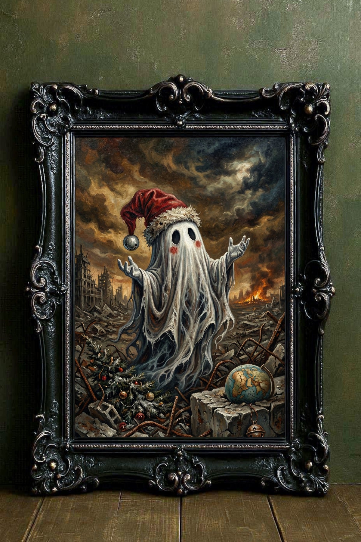 Düsteres Dark Fantasy Artwork: Ein kleiner Geist mit Weihnachtsmütze steht in einer brennenden Trümmerlandschaft mit einem zerbrochenen Globus und einem Weihnachtsbaum – Symbol für das Festhalten an Traditionen in der Apokalypse.