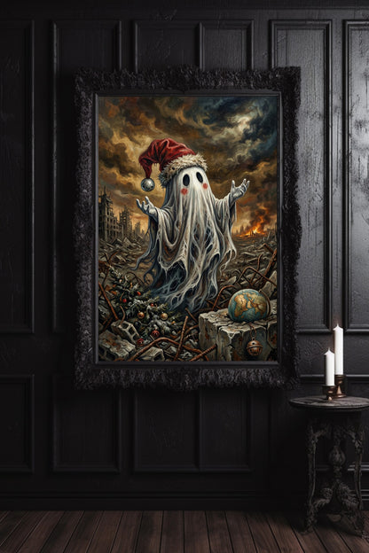 Hochwertiger Kunstdruck: Ein kleiner Geist mit roter Mütze inmitten einer brennenden Trümmerlandschaft. Das Motiv zeigt den Kontrast zwischen menschlicher Tradition (Weihnachtsbaum) und globaler Zerstörung (zerbrochener Globus).