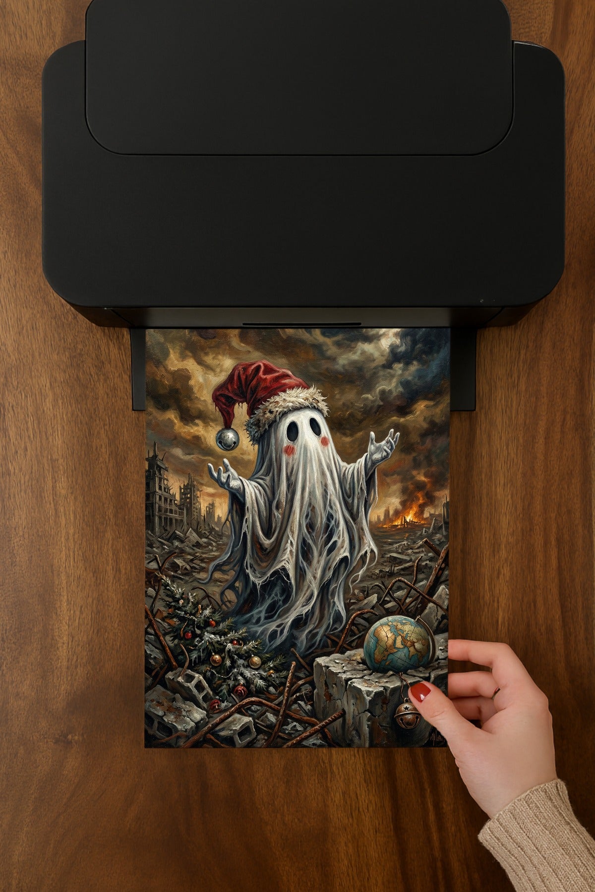 Düsteres Dark Fantasy Artwork: Ein kleiner Geist mit Weihnachtsmütze steht in einer brennenden Trümmerlandschaft mit einem zerbrochenen Globus und einem Weihnachtsbaum – Symbol für das Festhalten an Traditionen in der Apokalypse.