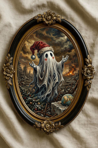 Düsteres Dark Fantasy Artwork: Ein kleiner Geist mit Weihnachtsmütze steht in einer brennenden Trümmerlandschaft mit einem zerbrochenen Globus und einem Weihnachtsbaum – Symbol für das Festhalten an Traditionen in der Apokalypse.