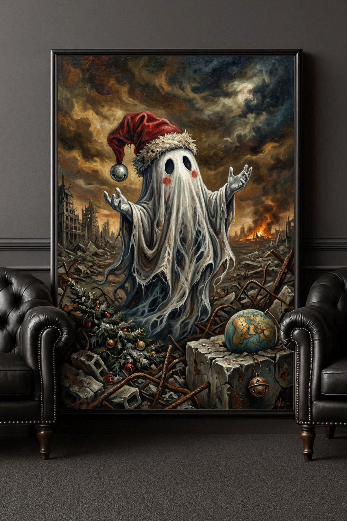 Hochwertiger Kunstdruck: Ein kleiner Geist mit roter Mütze inmitten einer brennenden Trümmerlandschaft. Das Motiv zeigt den Kontrast zwischen menschlicher Tradition (Weihnachtsbaum) und globaler Zerstörung (zerbrochener Globus).