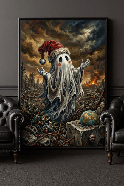 Hochwertiger Kunstdruck: Ein kleiner Geist mit roter Mütze inmitten einer brennenden Trümmerlandschaft. Das Motiv zeigt den Kontrast zwischen menschlicher Tradition (Weihnachtsbaum) und globaler Zerstörung (zerbrochener Globus).