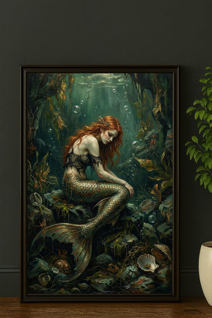 Digitales Kunstwerk einer nachdenklichen Meerjungfrau mit rotem Haar in einer tiefgrünen, smaragdfarbenen Unterwasserwelt; Dark-Folklore-Stil.