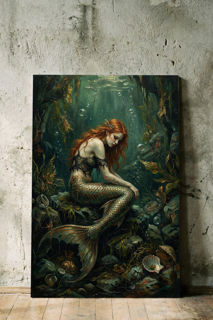 Digitales Kunstwerk einer nachdenklichen Meerjungfrau mit rotem Haar in einer tiefgrünen, smaragdfarbenen Unterwasserwelt; Dark-Folklore-Stil.