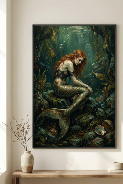 Digitales Kunstwerk einer nachdenklichen Meerjungfrau mit rotem Haar in einer tiefgrünen, smaragdfarbenen Unterwasserwelt; Dark-Folklore-Stil.