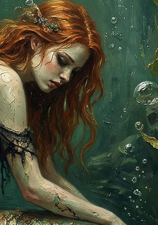 Digitales Kunstwerk einer nachdenklichen Meerjungfrau mit rotem Haar in einer tiefgrünen, smaragdfarbenen Unterwasserwelt; Dark-Folklore-Stil.