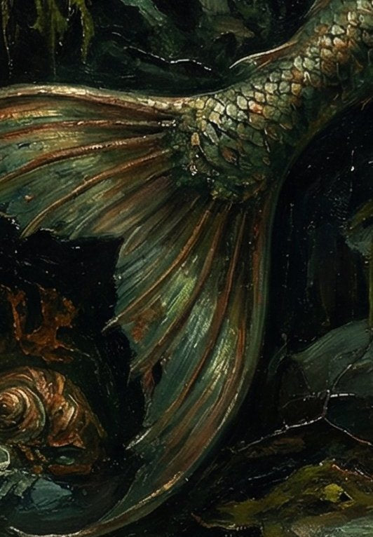 Digitales Kunstwerk einer nachdenklichen Meerjungfrau mit rotem Haar in einer tiefgrünen, smaragdfarbenen Unterwasserwelt; Dark-Folklore-Stil.