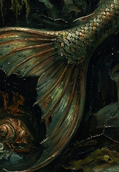 Digitales Kunstwerk einer nachdenklichen Meerjungfrau mit rotem Haar in einer tiefgrünen, smaragdfarbenen Unterwasserwelt; Dark-Folklore-Stil.