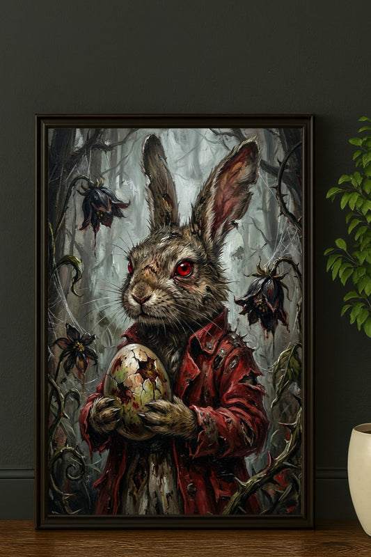 Düsteres Gothic Poster mit Osterhase im roten Mantel und roten Augen, der ein Ei im nebligen Wald zwischen verwelkten Blumen hält.