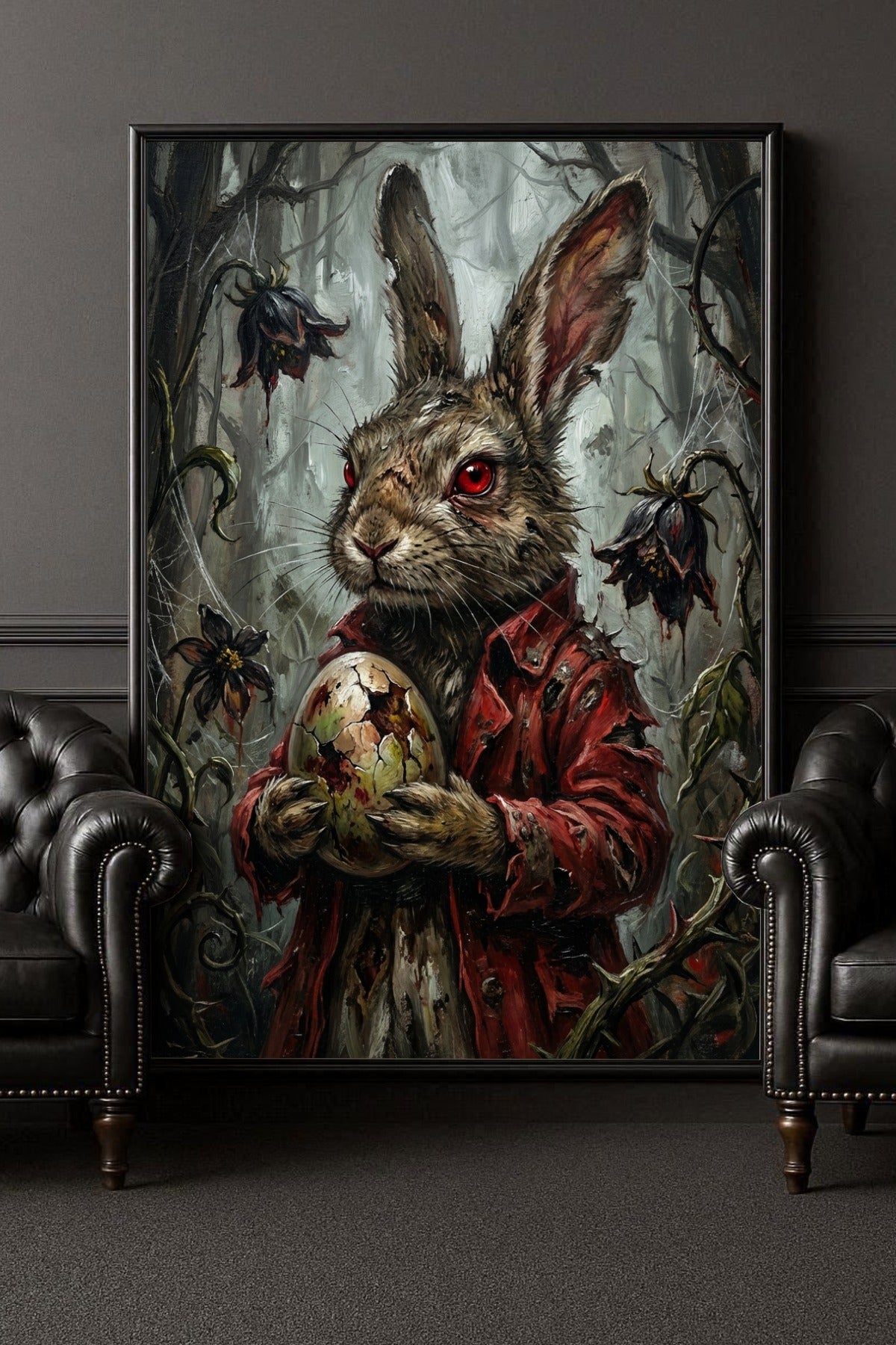 Düsteres Gothic Poster mit Osterhase im roten Mantel und roten Augen, der ein Ei im nebligen Wald zwischen verwelkten Blumen hält.