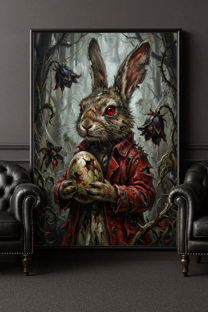 Düsteres Gothic Poster mit Osterhase im roten Mantel und roten Augen, der ein Ei im nebligen Wald zwischen verwelkten Blumen hält.