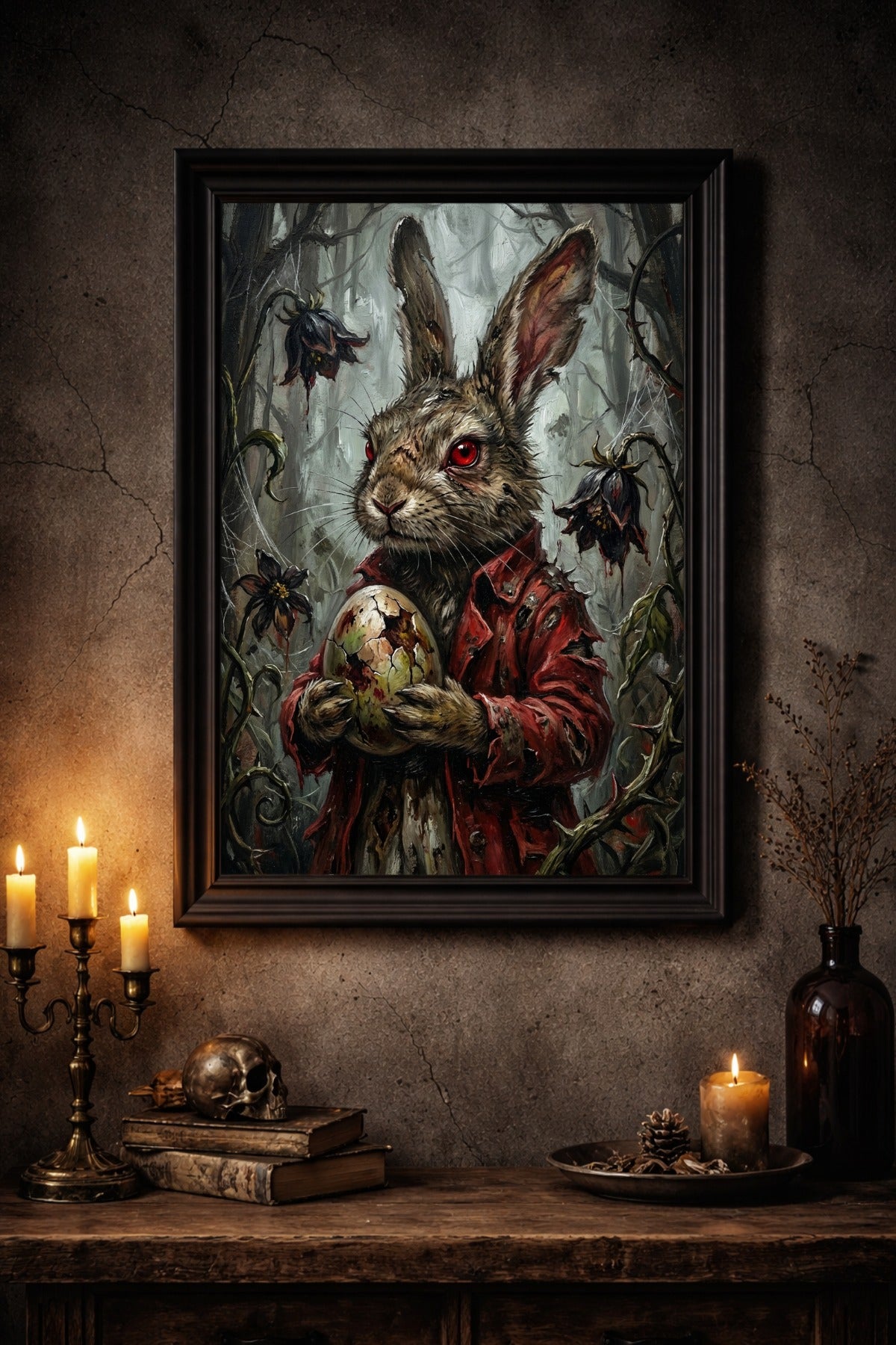 Düsteres Gothic Poster mit Osterhase im roten Mantel und roten Augen, der ein Ei im nebligen Wald zwischen verwelkten Blumen hält.