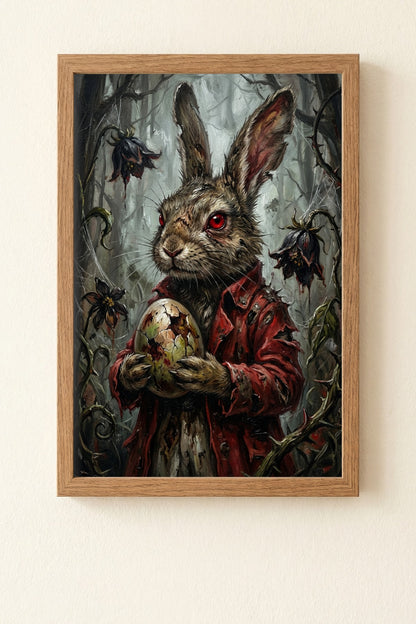 Düsteres Gothic Poster mit Osterhase im roten Mantel und roten Augen, der ein Ei im nebligen Wald zwischen verwelkten Blumen hält.