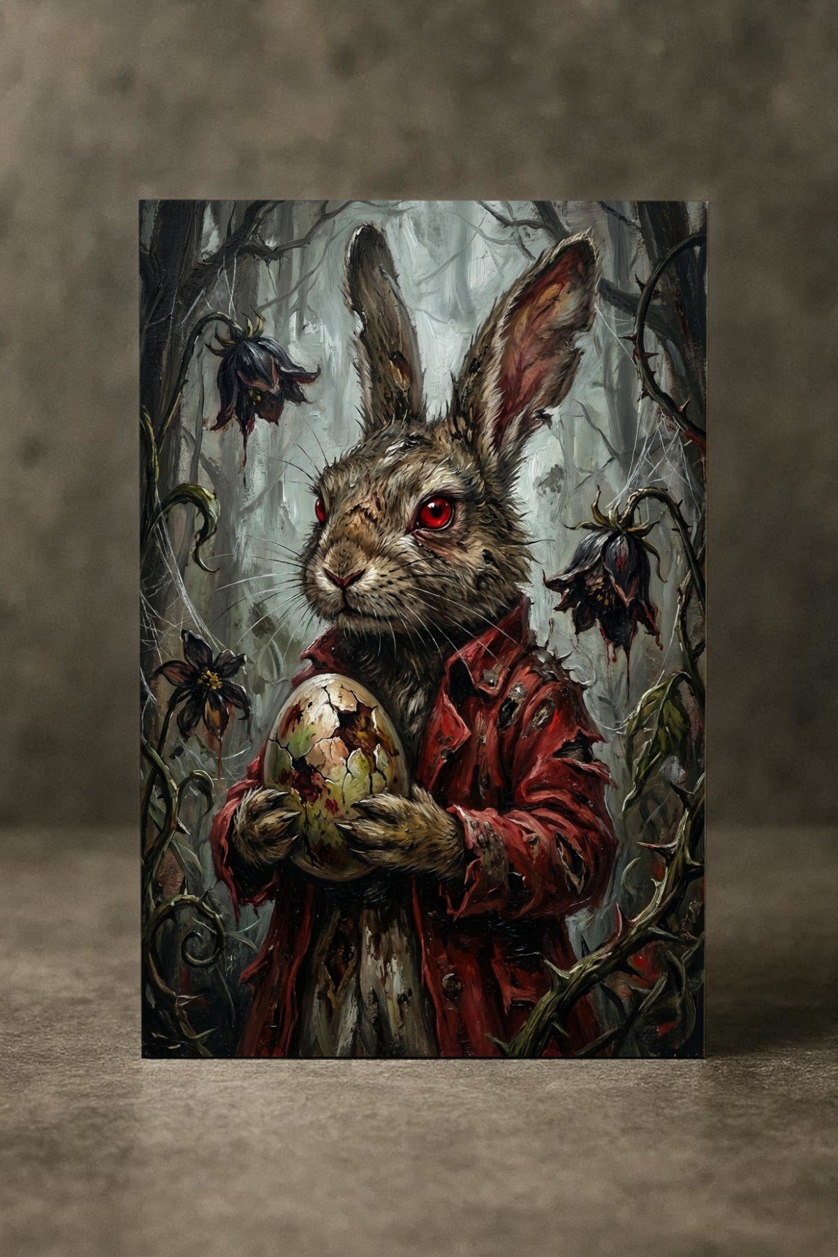 Düsteres Gothic Poster mit Osterhase im roten Mantel und roten Augen, der ein Ei im nebligen Wald zwischen verwelkten Blumen hält.
