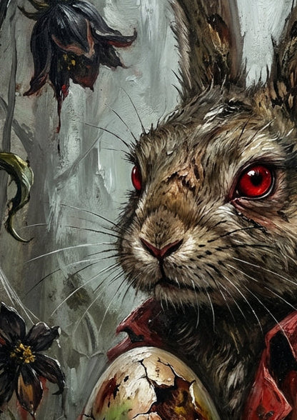 Düsteres Gothic Poster mit Osterhase im roten Mantel und roten Augen, der ein Ei im nebligen Wald zwischen verwelkten Blumen hält.
