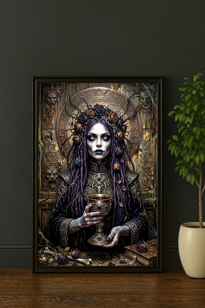 Digitale Fantasy Illustration mit Dark Priestess, violettem Haar, Rosenkranz, Kelch und okkultem Gothic-Baroque-Hintergrund.