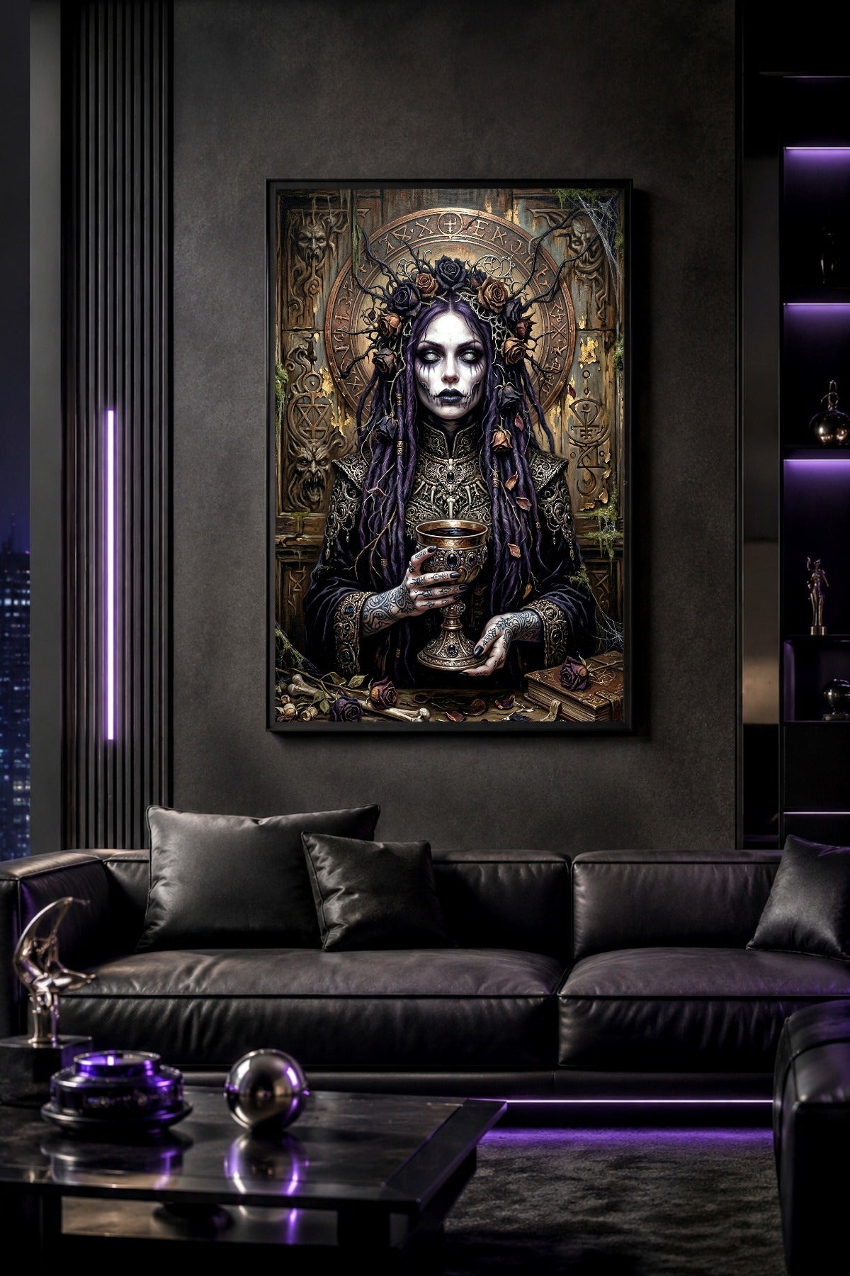 Digitale Fantasy Illustration mit Dark Priestess, violettem Haar, weißen Augen, Rosenkranz, verziertem Kelch und okkultem Gothic-Baroque-Hintergrund.