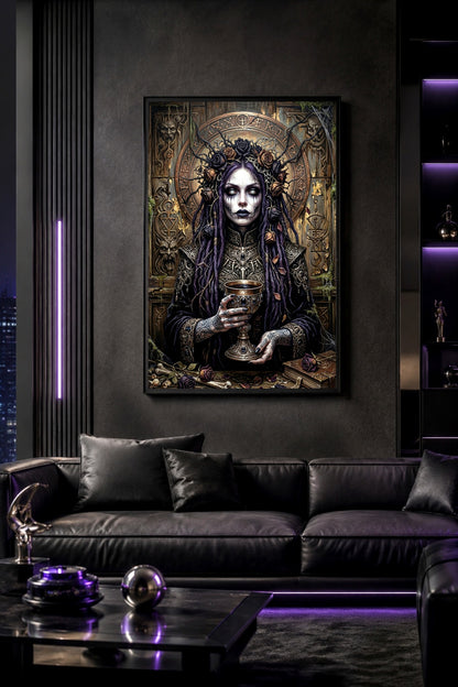 Digitale Fantasy Illustration mit Dark Priestess, violettem Haar, weißen Augen, Rosenkranz, verziertem Kelch und okkultem Gothic-Baroque-Hintergrund.