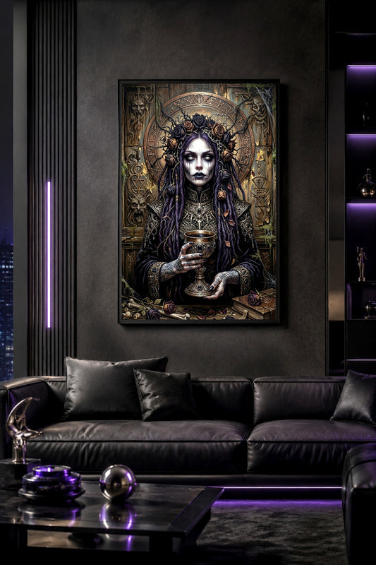 Digitale Fantasy Illustration mit Dark Priestess, violettem Haar, weißen Augen, Rosenkranz, verziertem Kelch und okkultem Gothic-Baroque-Hintergrund.