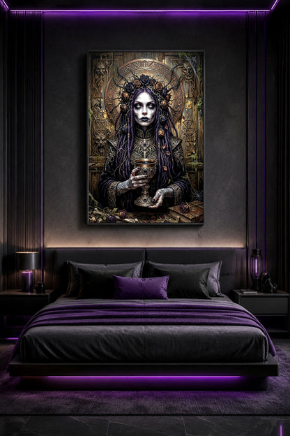 Dark Priestess Poster als Digitaldownload mit violettem Haar, Dornen- und Rosenkranz, Kelch, dunkler Kleidung und symbolreichem Barock-Hintergrund.