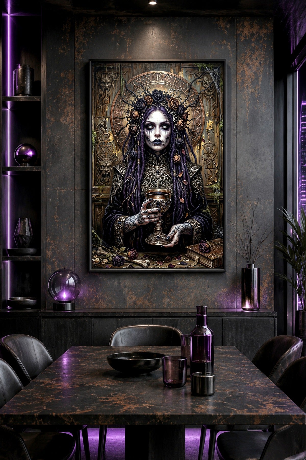 Gothic-Baroque Poster mit Dark Priestess, violettem Haar, Rosen, Dornen, Kelch und okkulter Atmosphäre als digitale Fantasy Illustration.