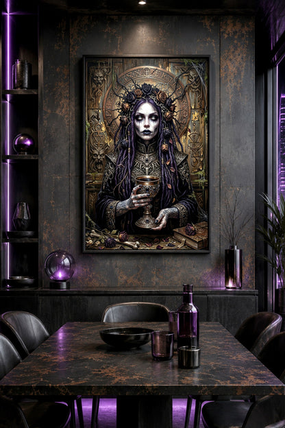 Gothic-Baroque Poster mit Dark Priestess, violettem Haar, Rosen, Dornen, Kelch und okkulter Atmosphäre als digitale Fantasy Illustration.