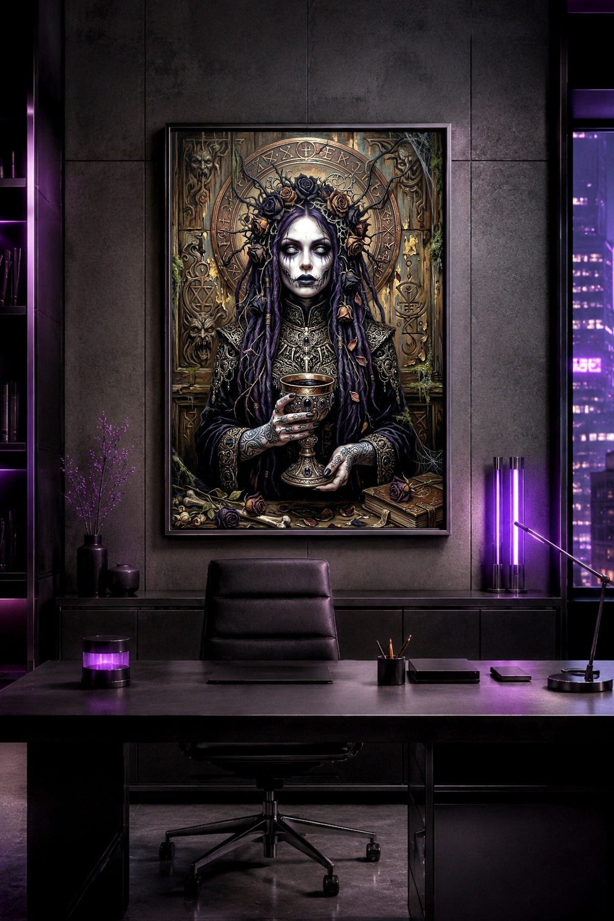 Digitale Dark Fantasy Wandkunst mit Dark Priestess, Rosenkranz, tätowierten Händen, Kelch und altem Hintergrund mit magischen Symbolen.