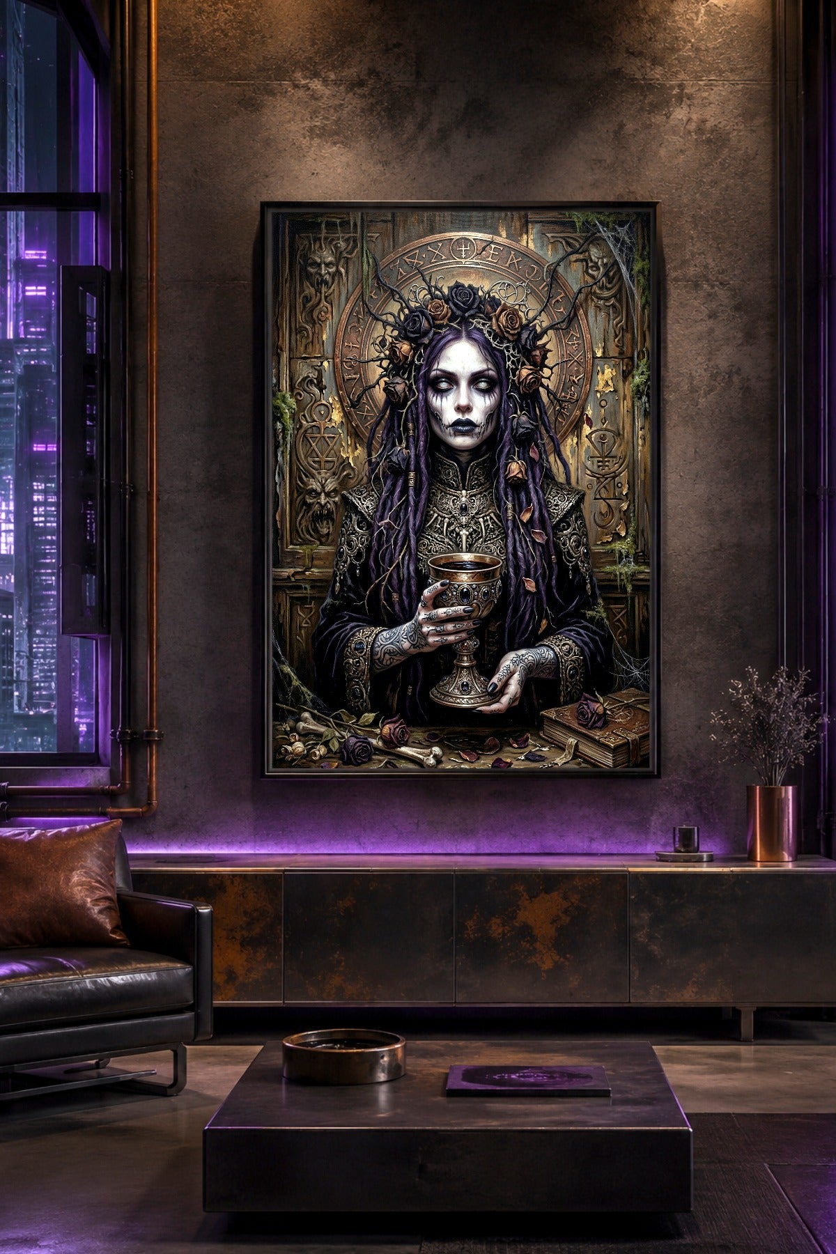 Witchy Fantasy Illustration mit dunkler Priesterin, blassem Gesicht, violettem Haar, reich verziertem Kelch und okkulten Gothic-Baroque-Details.