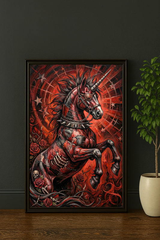 Digitales Dark Unicorn Poster mit aufbäumendem Einhorn, Ketten, Rosen, Augenklappe und rotem Gothic-Horror-Hintergrund.