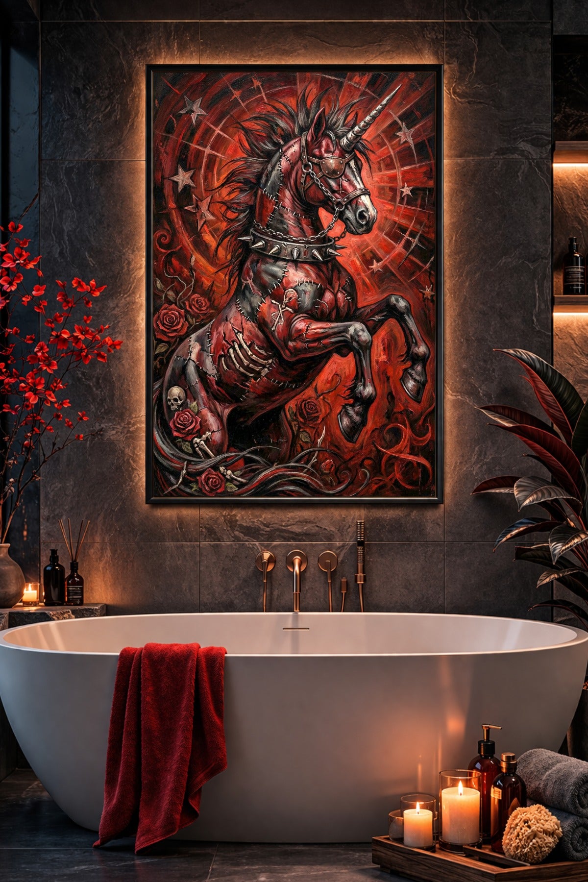 Digitales Lowbrow Art Poster mit Dark Unicorn, sichtbaren Nähten, Ketten, Rosen, Augenklappe und rotem Gothic-Hintergrund.