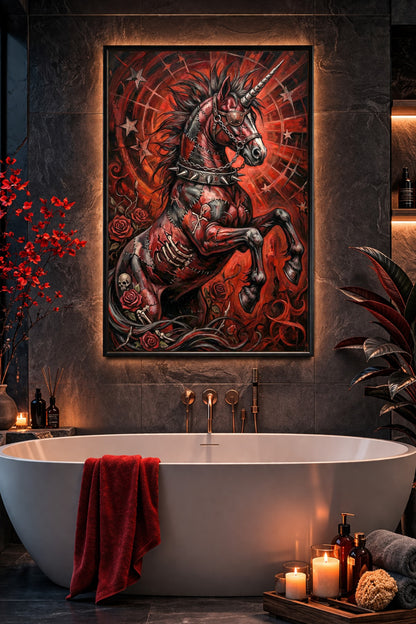 Digitales Lowbrow Art Poster mit Dark Unicorn, sichtbaren Nähten, Ketten, Rosen, Augenklappe und rotem Gothic-Hintergrund.