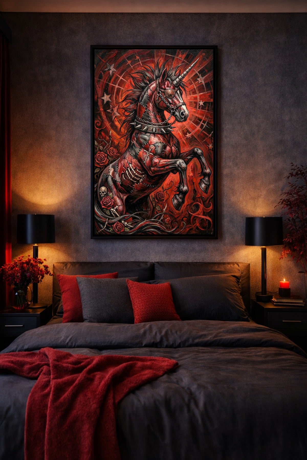 Digitales Dark Unicorn Poster mit aufbäumendem Einhorn, Augenklappe, Ketten, roten Rosen und düsterem Gothic-Horror-Hintergrund.