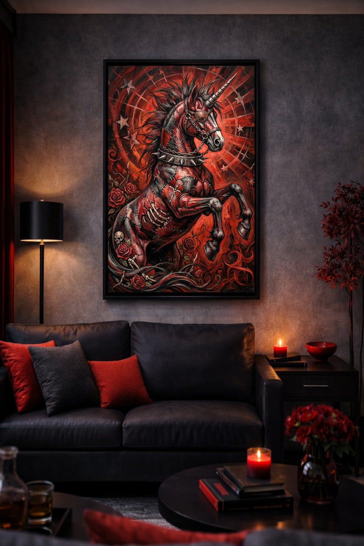 Gothic Unicorn Wandbild als Digitaldownload mit steigendem Einhorn, schwarzer Mähne, Ketten, Rosen und rotem Dark-Fantasy-Look.