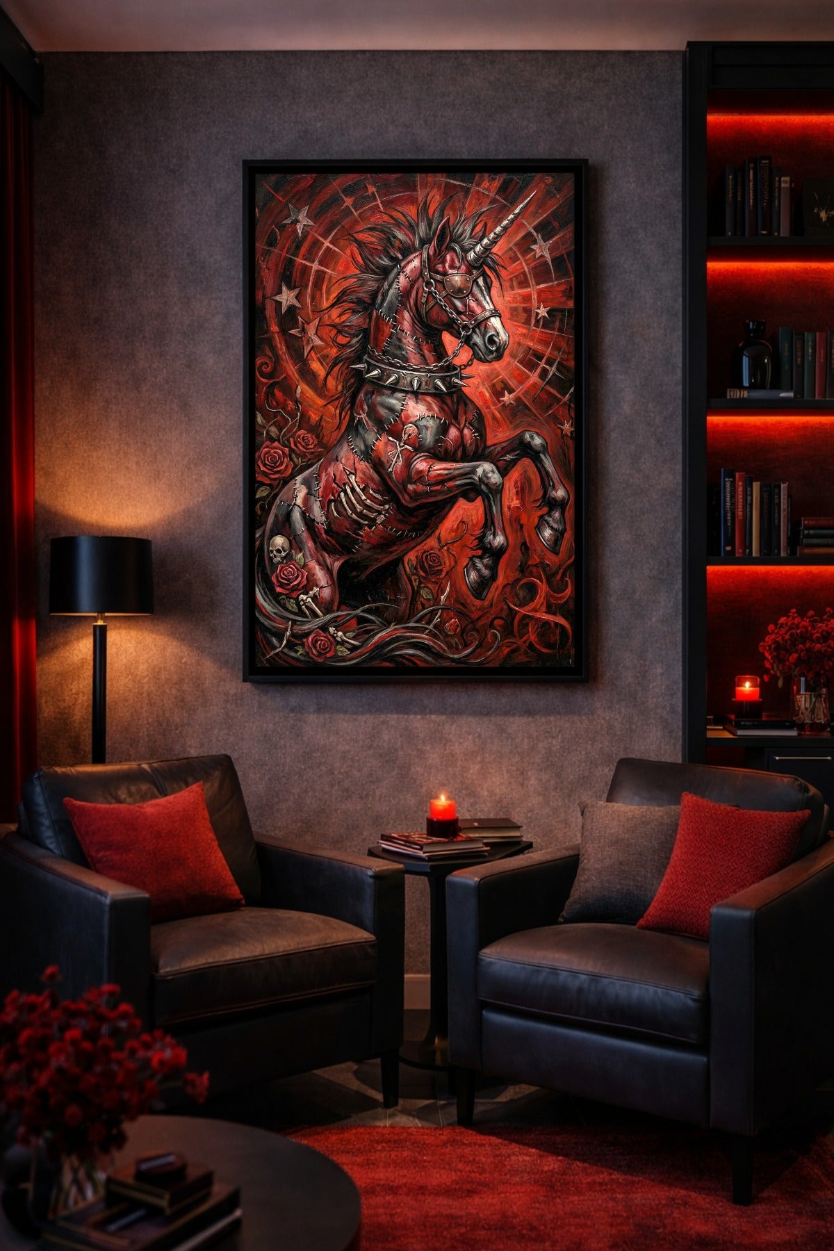 Digitales Punk Fantasy Poster mit dunklem Einhorn, Augenklappe, spitzem Halsband, Rosen und dramatischem rotem Hintergrund.