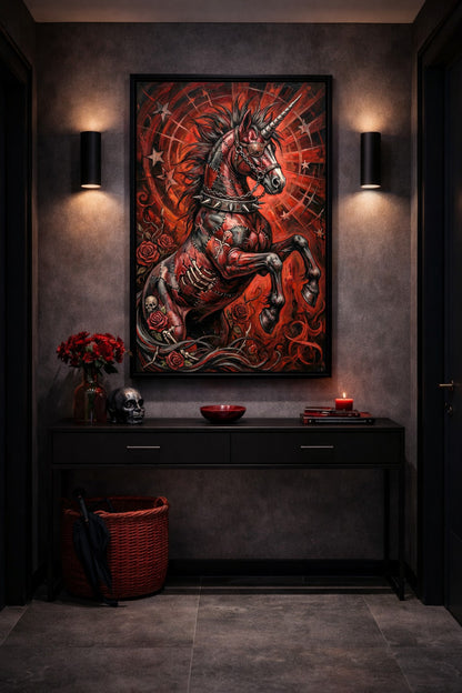 Dark Romance Poster mit aufbäumendem Einhorn, Ketten, roten Rosen, Augenklappe und unheimlicher Gothic-Horror-Atmosphäre.