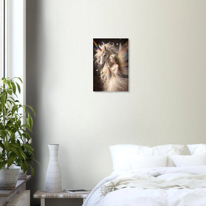 Hochwertiges Fantasy-Poster: Majestätisches weißes Einhorn mit einer zarten Elfe im Blumenkranz. Elegante Wanddeko in Gold und Elfenbein auf dunklem, mystischem Grund.