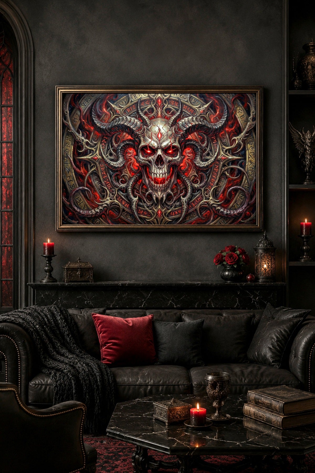 Demonic Skull Wandbild über schwarzem Ledersofa, mit roten Akzenten, Kerzenlicht, Runenornamenten und düsterer Gothic-Atmosphäre.