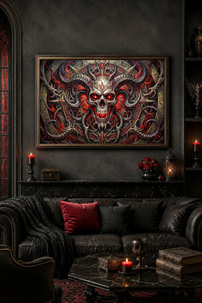 Demonic Skull Wandbild über schwarzem Ledersofa, mit roten Akzenten, Kerzenlicht, Runenornamenten und düsterer Gothic-Atmosphäre.