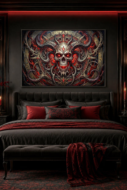 Gedrucktes Querformat-Poster mit gehörntem Totenschädel, roten Leuchteffekten, Runen, dunklen Ornamenten und Gothic-Schlafzimmer-Mockup.