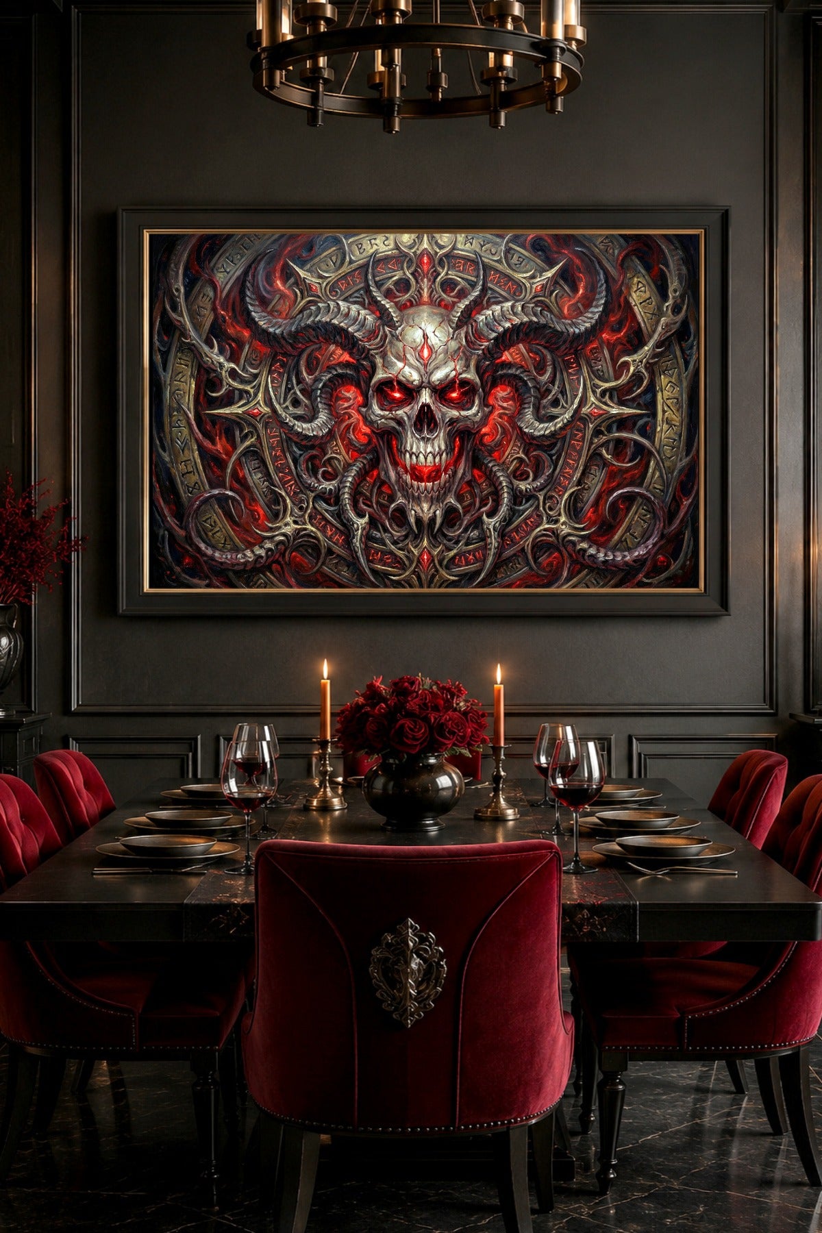 Dark Fantasy Skull Poster im Esszimmer mit roten Samtstühlen, Kerzen, schwarzer Wand, Runenmotiven und dämonischem Schädel.