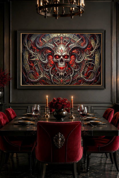 Dark Fantasy Skull Poster im Esszimmer mit roten Samtstühlen, Kerzen, schwarzer Wand, Runenmotiven und dämonischem Schädel.
