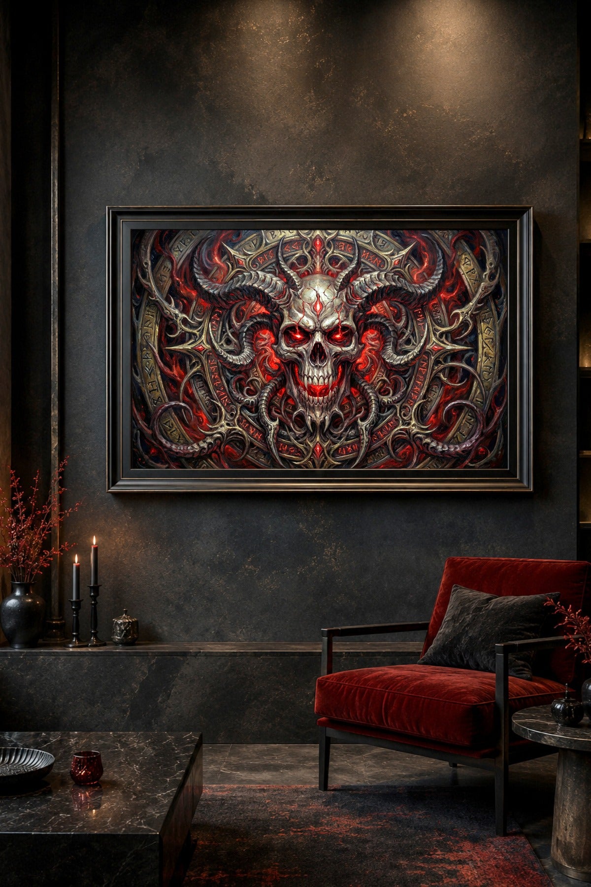 Demonic Skull Poster im dunklen Wohnzimmer-Mockup mit rotem Sessel, schwarzer Wand, Runenornamenten und leuchtend roten Augen.