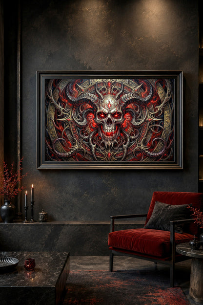 Demonic Skull Poster im dunklen Wohnzimmer-Mockup mit rotem Sessel, schwarzer Wand, Runenornamenten und leuchtend roten Augen.
