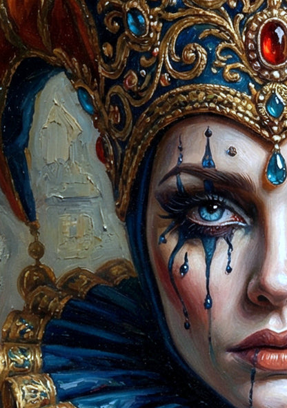 Details eines hochformatigen digitalen Närrin-Posters mit frontaler Harlekinfigur, blauen Tränen, goldverziertem Kostüm und reich geschmückter Narrenkappe vor dunklem Hintergrund.