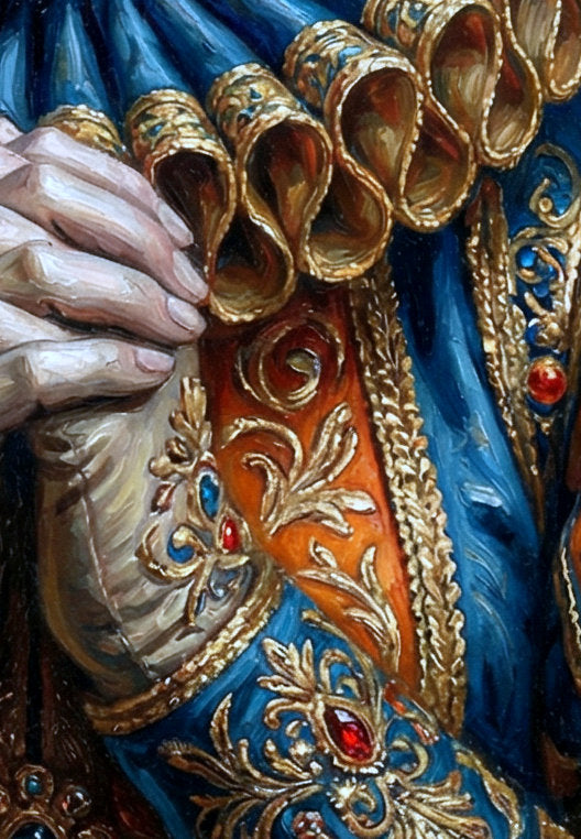 Details Rüschenkragen des digitalen Harlekin-Wandbilds im Hochformat mit Närrin, blauen Tränen, opulenter Kappe und aufwendig verziertem Kostüm in düsterer Malerei-Optik.