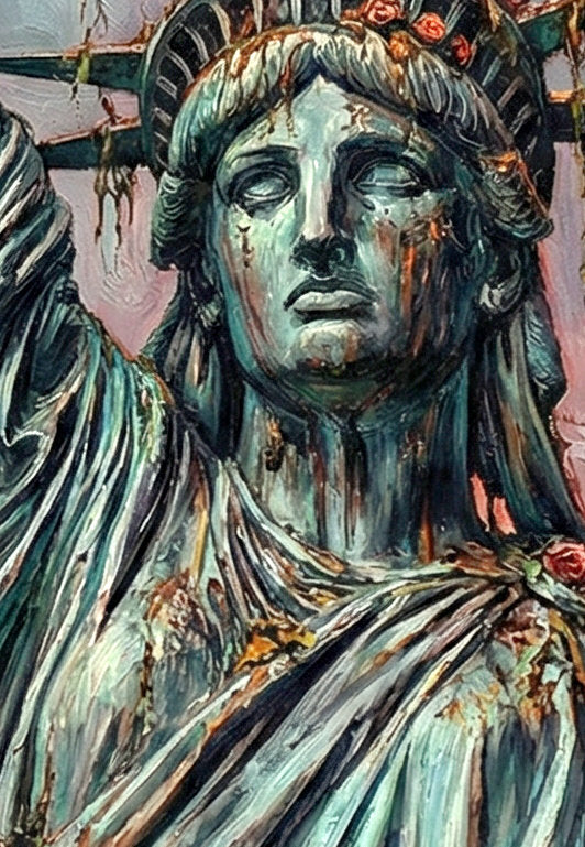 Fetailsansicht. Mystische Amerika Wandkunst mit Freiheitsstatue, großem Vollmond, dunkler Wolkenkulisse und Rosen im modernen Industrial Look.