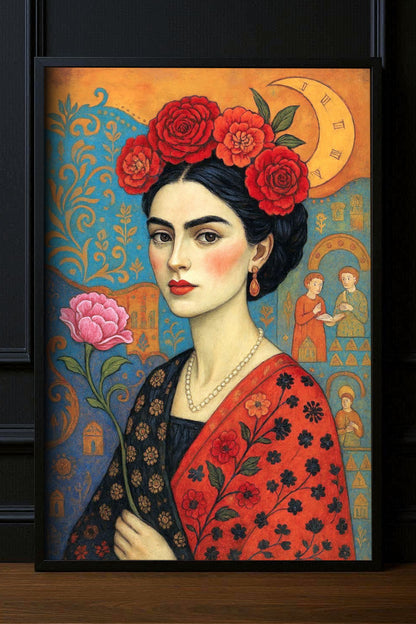 Florales Frauenporträt Poster mit roten Rosen, Boho Folk Art Illustration und Mondmotiv