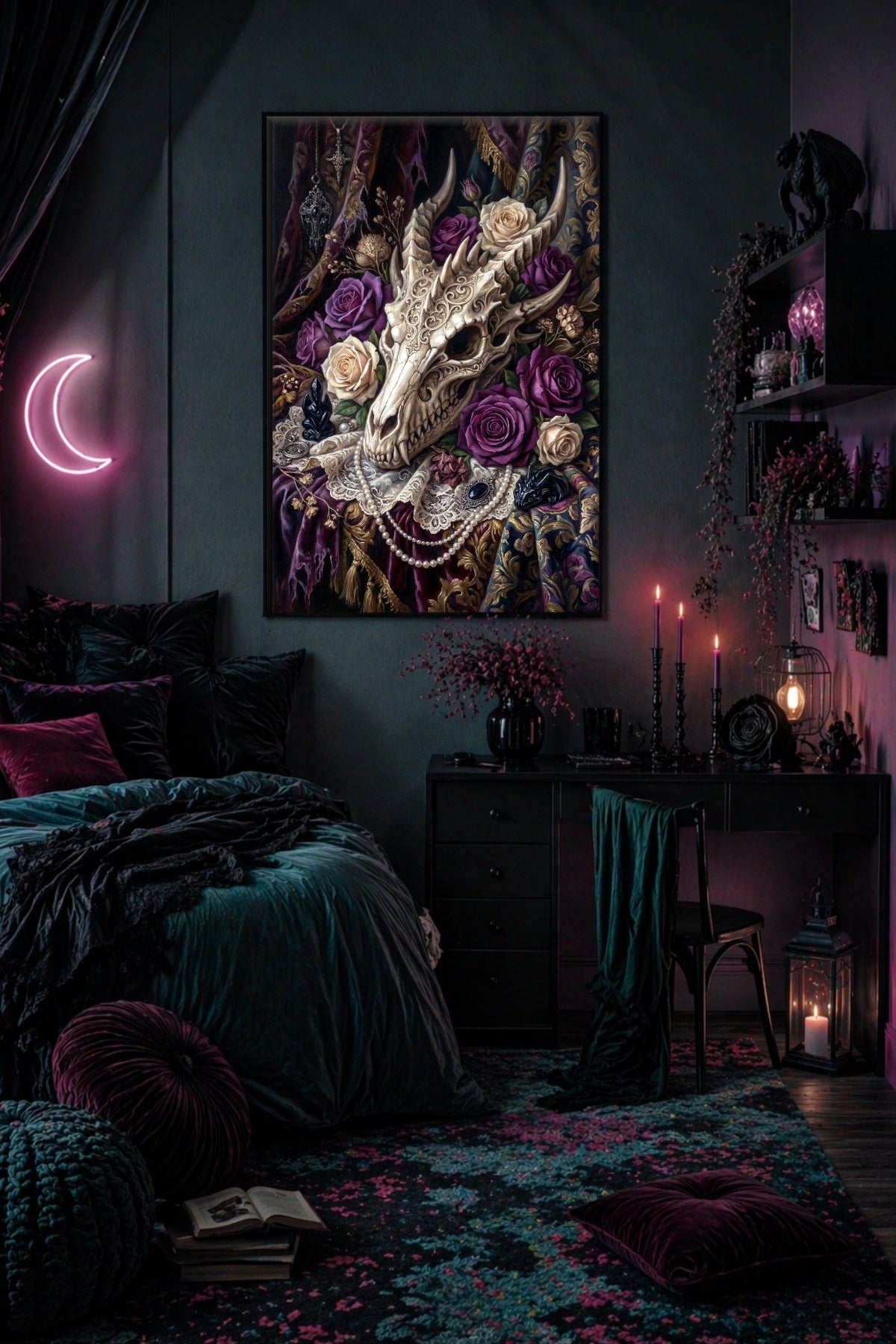 Drachenschädel Poster im dunklen Schlafzimmer mit Neonmond, Kerzen, Samtstoffen und Gothic Decor.