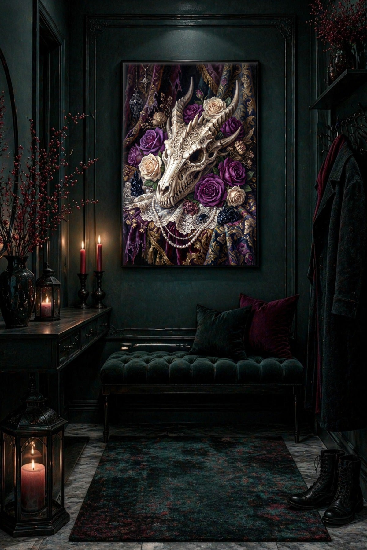 Gothic Poster mit Drachenschädel und violetten Rosen im dunklen Flur mit Samtbank und Kerzenlicht.